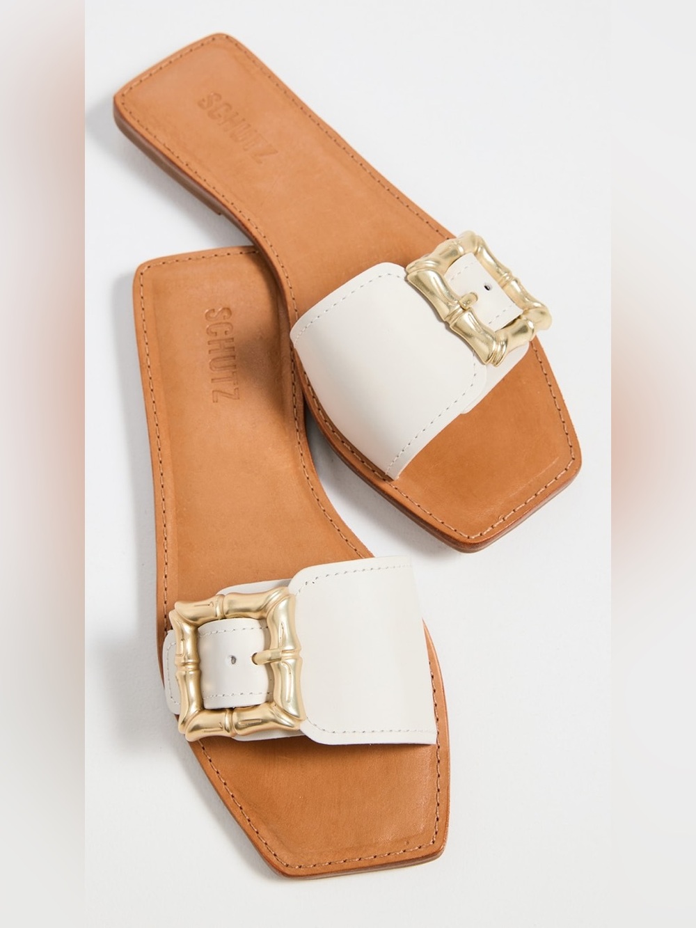 Schutz Enola Ivory White Leather Sandals Flats Bamboo Buckle 9.5